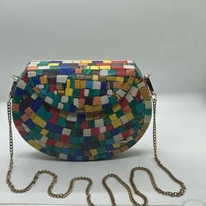Ramla Handmade Mosaic Stone Crossbody Bag Multicolor Geometric Tile Purse Gold